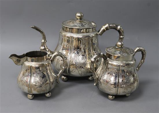 A Chinese 900 standard silver three piece tea set, c.1900, gross weight 853g